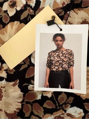 NWT-Nation LTD Brown Floral Puff-Sleeve Blouse